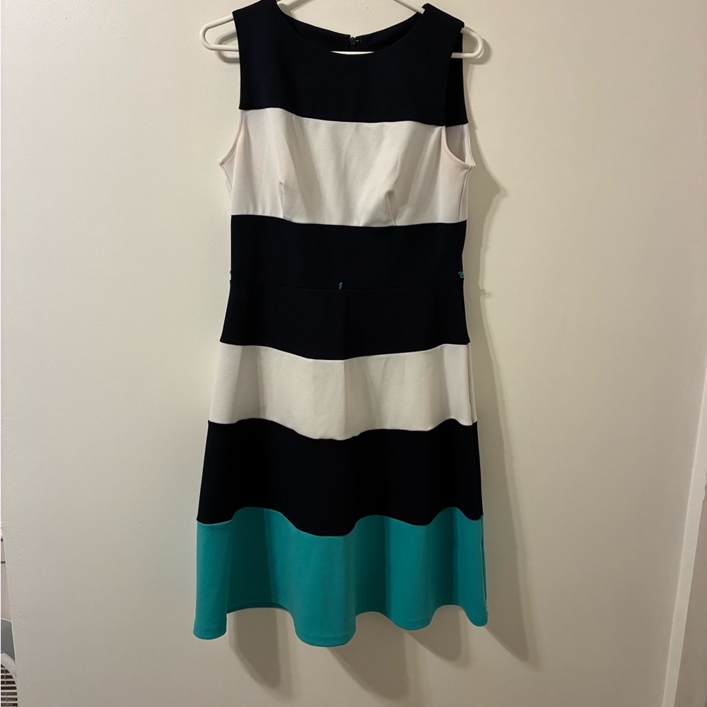 Striped Navy Blue, White, and Teal Dress